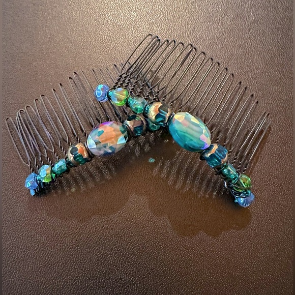 Handmade Beaded Bohemian Hair Comb Teal, Green & Blue Crystal & Glass Jet Black - Picture 7 of 7